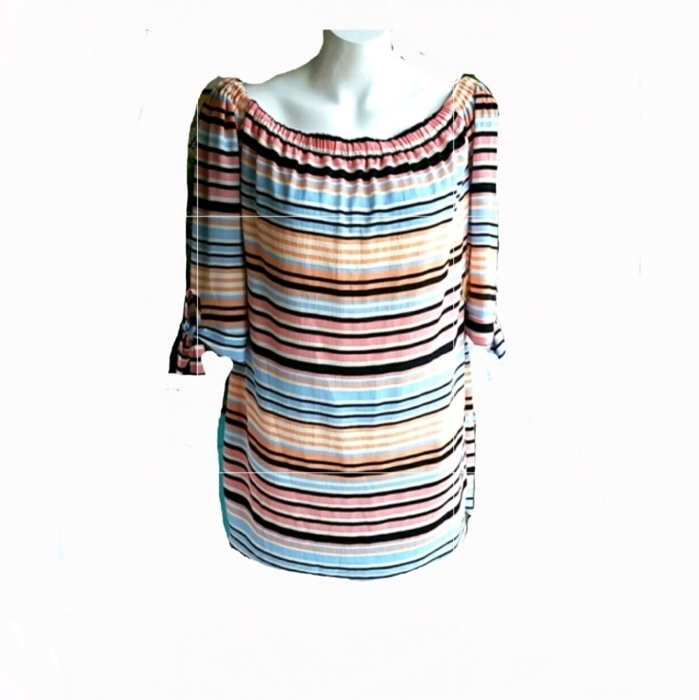As You Wish Striped Off The Shoulders Coastal Beachy Resort Dress Size M